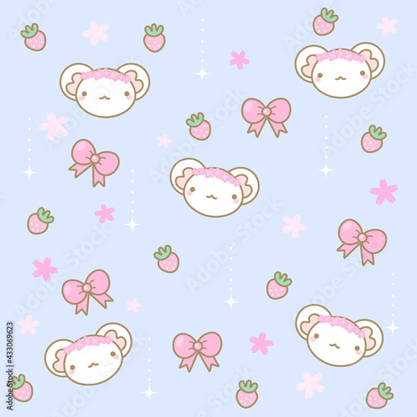 Fototapeta Kawaii pattern with mice, flowers and strawberries on a blue background
