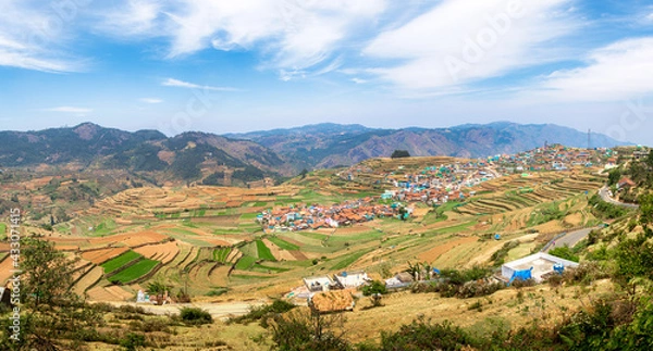 Fototapeta view of the village of the mountains