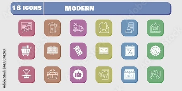 Fototapeta modern icon set. included calendar, newsletter, study, shop, smartphone, like, discount, delivery truck, shopping basket, trolley icons on white background. linear, filled styles.