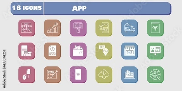 Fototapeta app icon set. included profits, audiobook, shop, wallet, training, delivery truck, click, exam, student-smartphone, online shop icons on white background. linear, filled styles.