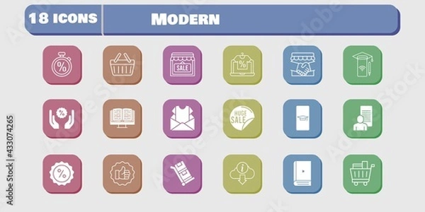 Fototapeta modern icon set. included handshake, newsletter, study, shop, smartphone, like, discount, shopping basket, trolley, student-smartphone icons on white background. linear, filled styles.