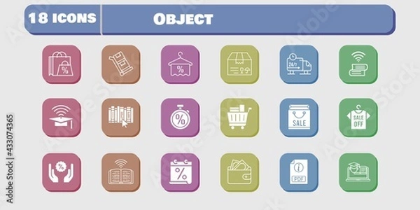 Obraz object icon set. included calendar, wallet, package, book, discount, training, delivery truck, trolley, shopping bag, shirt icons on white background. linear, filled styles.