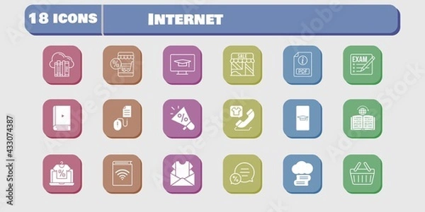 Fototapeta internet icon set. included newsletter, megaphone, audiobook, shop, learning, student-desktop, click, shopping basket, student-smartphone icons on white background. linear, filled styles.