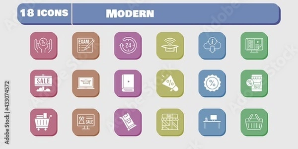 Obraz modern icon set. included megaphone, shop, discount, shopping basket, trolley, exam, online shop, 24-hours, sale, desktop icons on white background. linear, filled styles.
