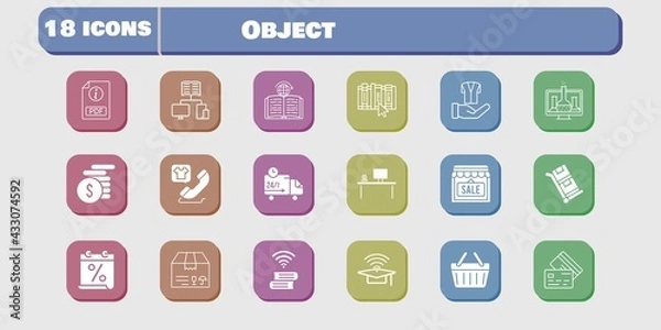 Fototapeta object icon set. included calendar, chemistry, shop, package, book, jacket, shopping-basket, learning, delivery truck, trolley icons on white background. linear, filled styles.