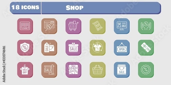 Obraz shop icon set. included gift, shop, discount, shopping basket, trolley, shopping bag, online shop, sale, shirt, shopping cart icons on white background. linear, filled styles.