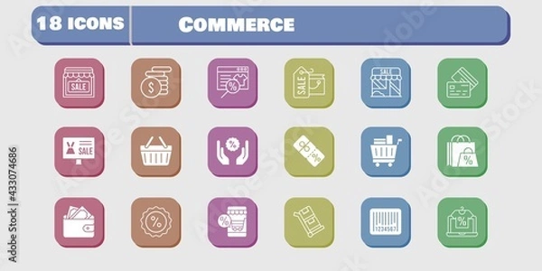 Obraz commerce icon set. included shopping bag, online shop, wallet, shop, money, shopping cart, discount, shopping-basket, credit card icons on white background. linear, filled styles.