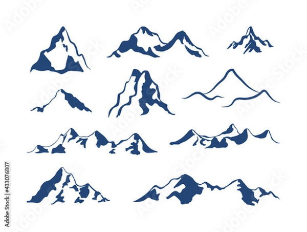 Fototapeta Vector mountain icons set isolated on white background, mountains shapes, different hills, ranges and tops.

