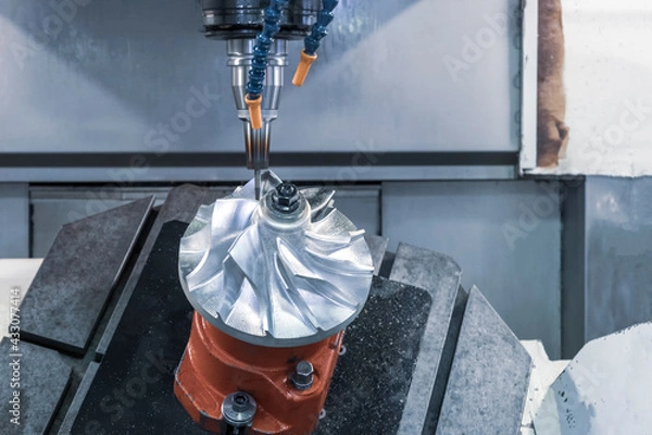 Obraz Five axis CNC machining center cutting jet engine turbine.