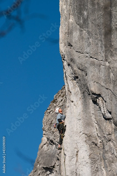 Obraz Latin male climber pulls the rope while ascending a route.