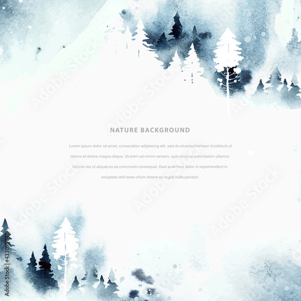 Fototapeta Watercolor winter vector template in blue and white colors. Сoniferous forest, mountain and abstract watercolor vector splashes