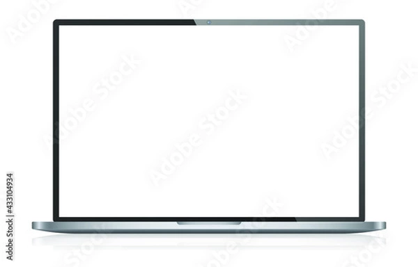Obraz Realistic laptop with blank white screen. Opened notebook with reflection. Glossy electronic gadget. Mock up template for your design. Vector illustration