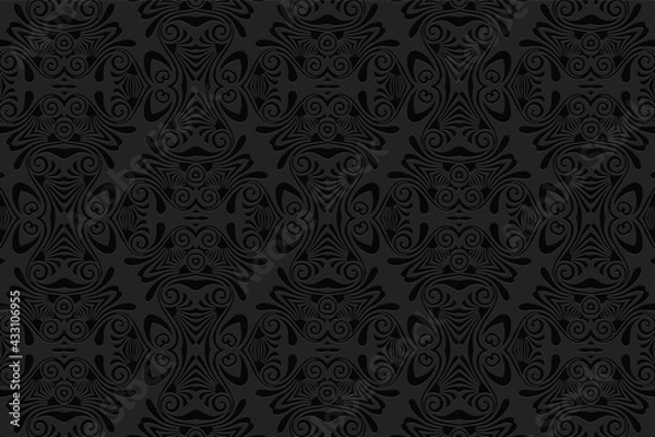Fototapeta 3D volumetric convex embossed geometric black background. Ethnic pattern in the style of doodling, Mexican motifs.
Decorative national ornament for wallpaper, website, textile, presentation.