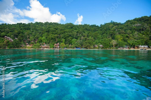 Fototapeta Beautiful view landscape of tropical beach , emerald sea and white sand against blue sky, Maya bay in phi phi island , Thailand