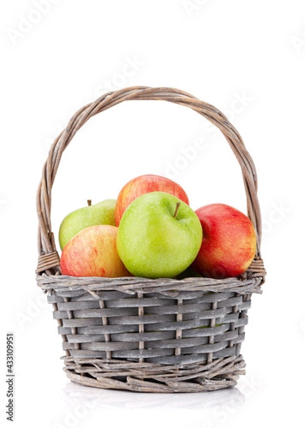 Fototapeta Fresh ripe apples in basket. Red and green apple fruits