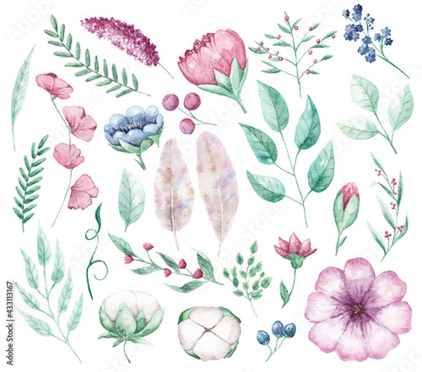 Obraz Watercolor floral set with hand drown pink flower. Set with delicate flowers and leaves. Watercolor texture for wrapping paper, fabric, decor.