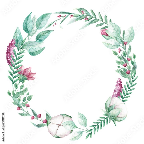 Obraz Watercolor floral frame with hand drown pink flower. Frame with delicate flowers and leaves. Watercolor texture for wrapping paper, fabric, decor.