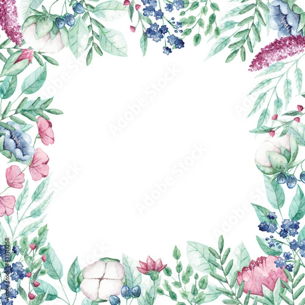 Obraz Watercolor floral frame with hand drown pink flower. Frame with delicate flowers and leaves. Watercolor texture for wrapping paper, fabric, decor.