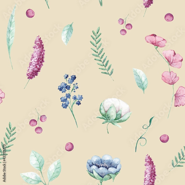 Obraz Watercolor floral seamless pattern with hand drown pink flower. Pattern with delicate flowers and leaves.Watercolor texture for wrapping paper, fabric, decor.