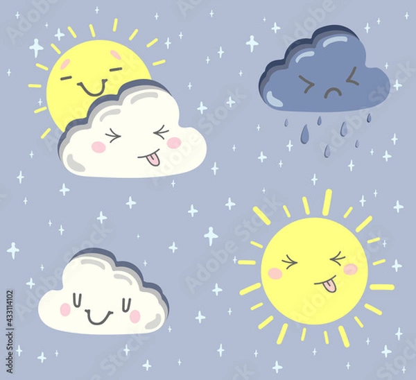 Obraz Cute Happy Cloud and Sun Set. Vector illustration in kawaii cartoon style.  Suitable for fabric, print, card, sticker and design products.