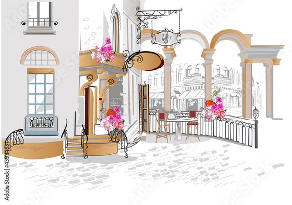 Obraz Series of backgrounds decorated with flowers, old town views and street cafes.    Hand drawn vector architectural background with historic buildings. 