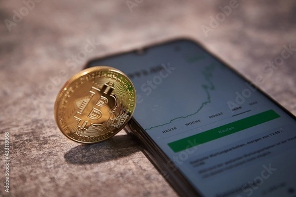 Fototapeta Trading cryptocurrencies on a smartphone. Crypto trading app.