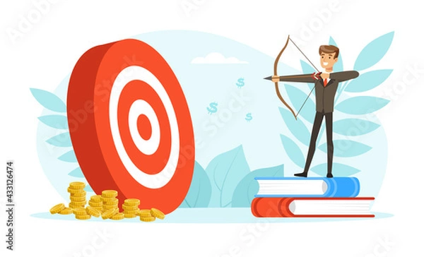Fototapeta Successful Businessman Aiming the Target, Business Person Reaching for Target and Goal Vector Illustration