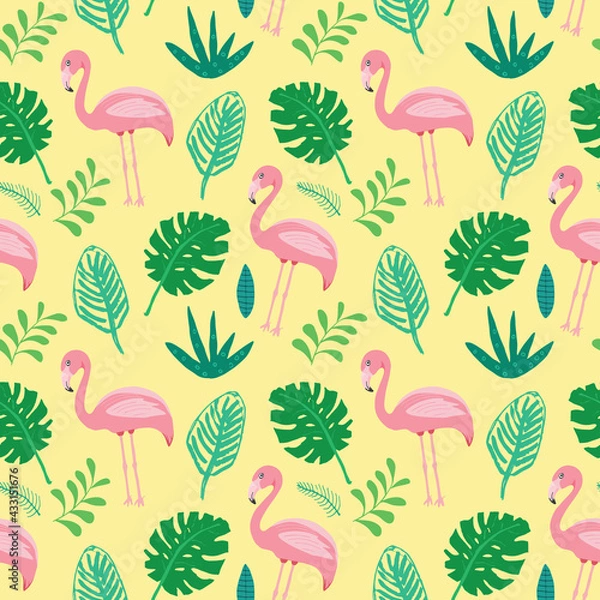 Fototapeta Cute Flamingo and Tropical plants Seamless pattern. Hand Drawn Animal and palm leaves Background. Vector Illustration