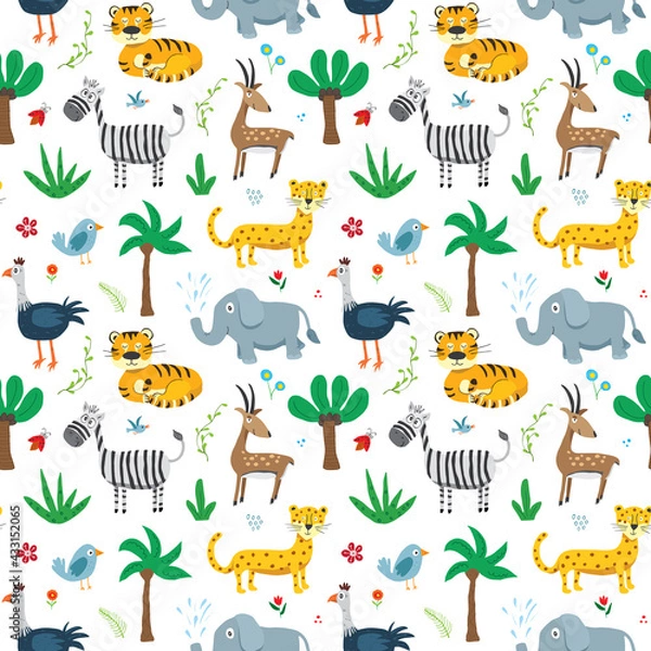 Fototapeta Cute Animals Seamless pattern. Cartoon Animals and plants doodles. Cartoon Vector illustration