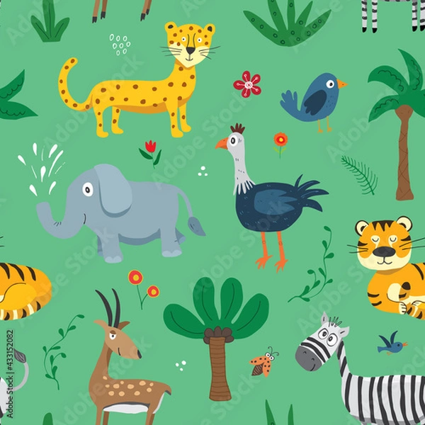 Fototapeta Cute Animals Seamless pattern. Cartoon Animals and plants doodles. Cartoon Vector illustration