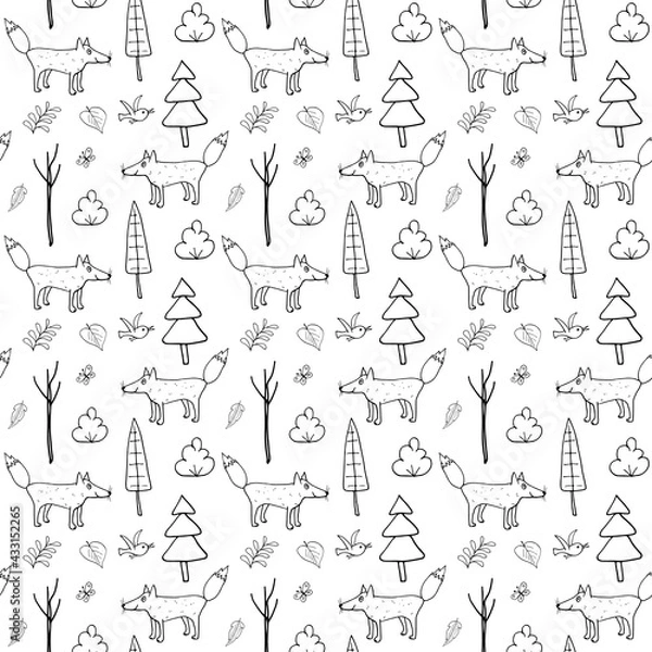 Obraz Cute Fox Seamless pattern. Cartoon Animals in forest background. Vector illustration