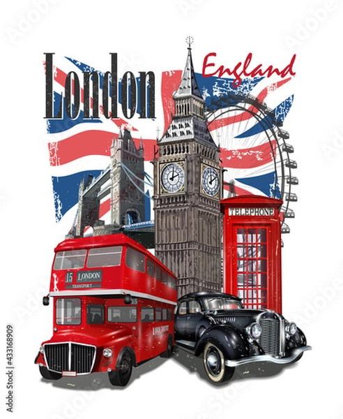 Fototapeta London typography for t-shirt print with Big Ben,retro car,bus and red phone booth.