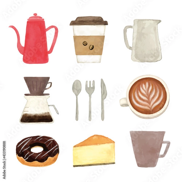 Fototapeta カフェのアイコンセット　水彩イラスト