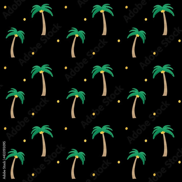 Obraz 夏 南国 ヤシの木 シームレスパターン 黒色背景