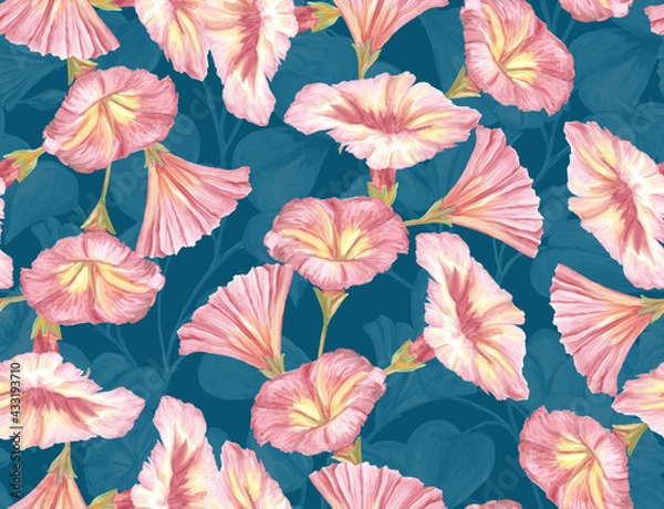 Fototapeta Herbal seamless pattern with painted stems, leaves and flowers of pink loach. Digital art background. Print for paper and fabric. Trendy surface textile design