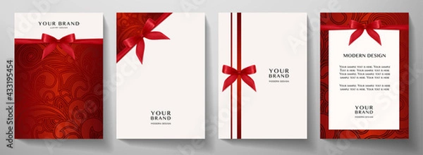 Fototapeta Holiday cover, frame design set. Luxury floral pattern (curve) background with red ribbon (bow). Elegant maroon vector collection template for invitation (invite vip card), greeting, gift card, award