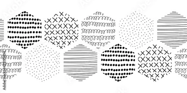 Obraz Vector Seamless border abstract Geometric Black and White Hexagon Honeycomb Shapes. Stylish Tiles with different doodle textures. Monochrome modern hipster banner, footer, header, divider, decor.