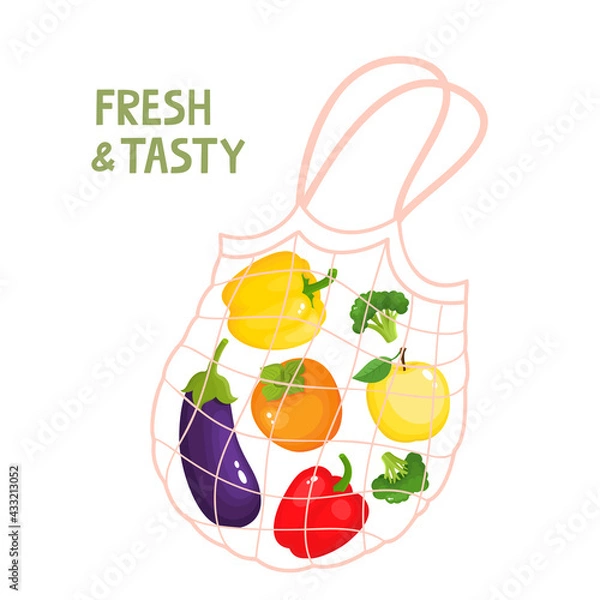 Fototapeta Vector illustration of vegetables and fruits in zero waste string bag