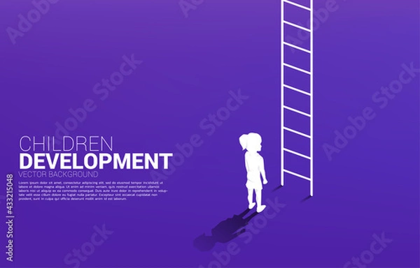 Fototapeta silhouette of kid standing with the ladder for go up. Concept of children education and learning.