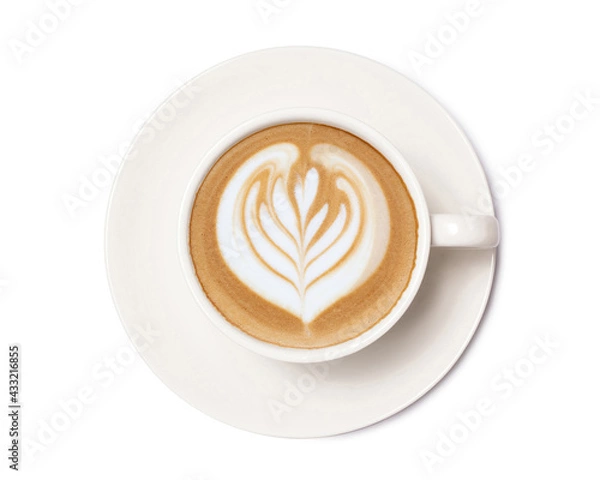 Fototapeta Top view of Hot coffee cappuccino latte art isolated on white background.
