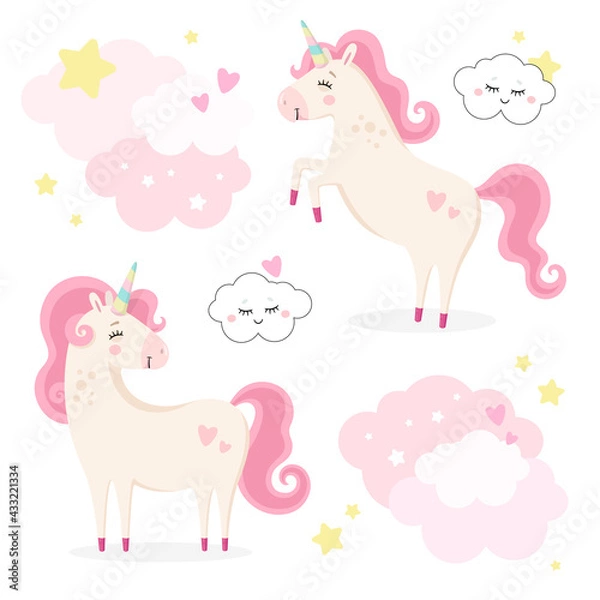 Obraz Set of cute magical unicorns. Little princess theme. Vector hand drawn illustration. Beautiful fantasy cartoon animals. Great for kids party, greeting card, invitation, print for apparel, nursery room