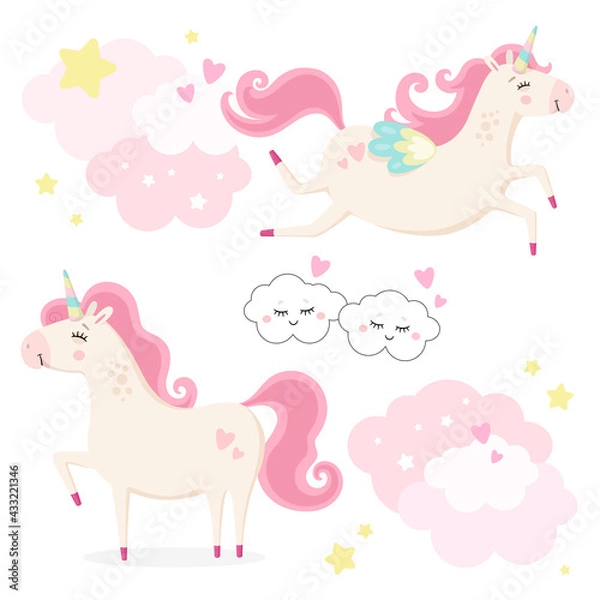 Obraz Set of cute magical unicorns. Little princess theme. Vector hand drawn illustration. Beautiful fantasy cartoon animals. Great for kids party, greeting card, invitation, print for apparel, nursery room