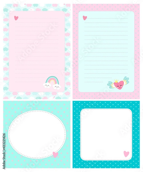 Obraz Set of cute cards, letters, blanks, pages for notes in childish style in unicorn theme. Vector template suitable for to do list, card, party invitation and cute letter for postcrossing. 