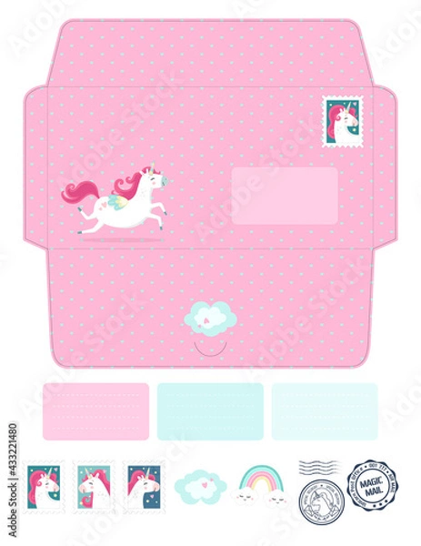 Obraz Magic vector die laser cut envelope template with unicorns. Fantasy and lovely set. Cute, colorful childish invitation or letter envelope mockup for laser or plotter cutting. Fairy envelope. 