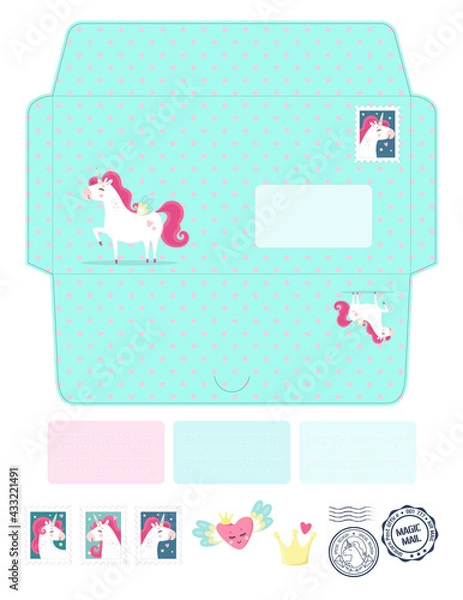Obraz Magic vector die laser cut envelope template with unicorns. Fantasy and lovely set. Cute, colorful childish invitation or letter envelope mockup for laser or plotter cutting. Fairy envelope. 