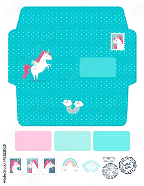 Obraz Magic vector die laser cut envelope template with unicorns. Fantasy and lovely set. Cute, colorful childish invitation or letter envelope mockup for laser or plotter cutting. Fairy envelope. 