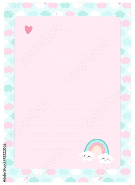 Obraz Letter, blank, wish list, page for notes in childish style in unicorn theme. Rainbow. Vector template suitable for to do list, party invitation and cute letter for postcrossing. 
