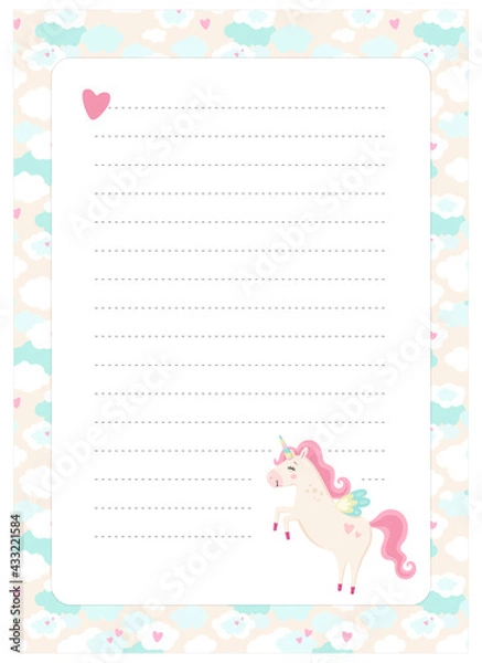 Obraz Letter, blank, wish list, page for notes in childish style in unicorn theme. Vector template suitable for to do list, party invitation and cute letter for postcrossing. 