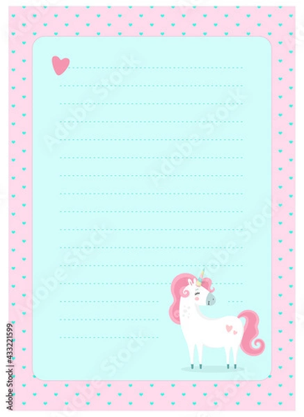 Obraz Letter, blank, wish list, page for notes in childish style in unicorn theme. Vector template suitable for to do list, party invitation and cute letter for postcrossing. 
