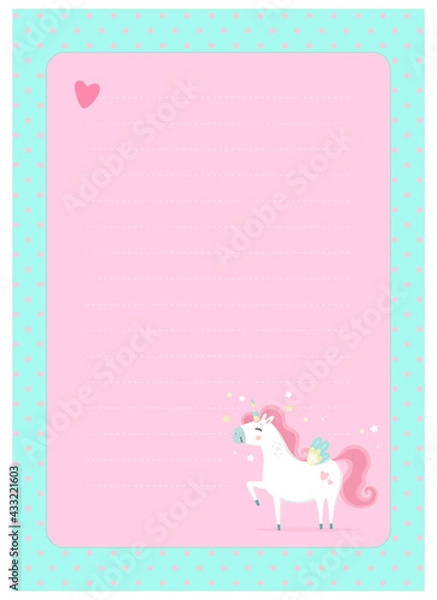 Obraz Letter, blank, wish list, page for notes in childish style in unicorn theme. Vector template suitable for to do list, party invitation and cute letter for postcrossing. 